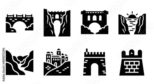 Set of medieval castle and bridge icon designs in black silhouette style