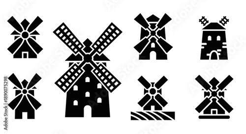 Classic windmill silhouettes collection for traditional rural and agricultural design
