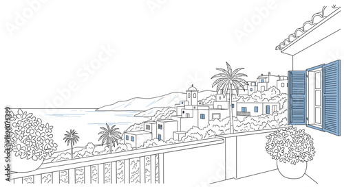 Coastal village view from balcony with classic architecture and mediterranean sea
