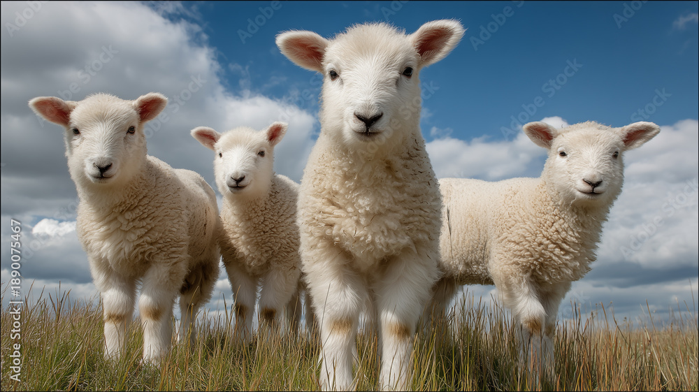Fototapeta premium 青空の下の草原に佇む可愛い子羊 牧歌的な風景と動物の癒やしイメージ
