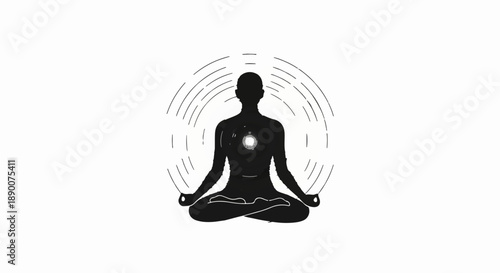 Silhouette of person meditating in lotus pose with radiating energy circles, symbolizing inner peace and spiritual balance.