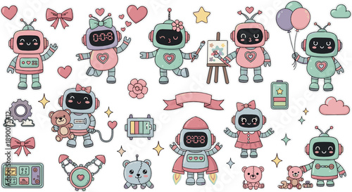 Cute love robot vector set with heart-themed AI characters, bows, balloons, gifts, pets, and adorable romantic cartoon technology elements