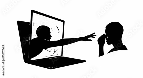 Struggling person reaching out from a laptop screen to another person