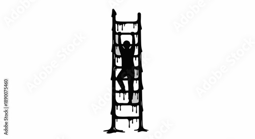 Silhouette of a person climbing a dripping ladder towards an unseen goal, representing struggle and perseverance.