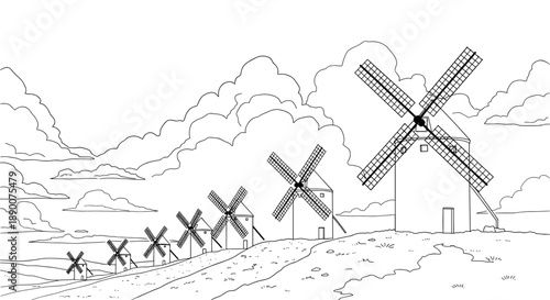 Historic windmills on a countryside hillside against a cloudy sky