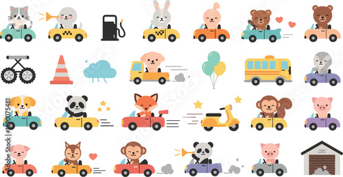 Cute animals driving cars vector set with panda, fox, bear, rabbit, pig, traffic signs, balloons, and playful cartoon transportation characters