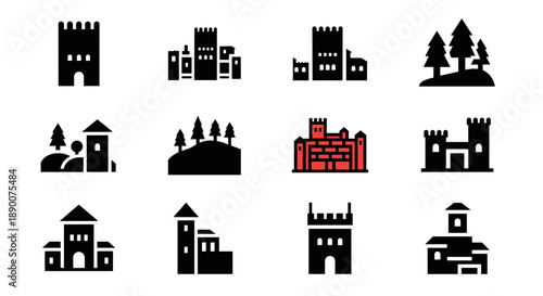 Collection of medieval castle icons in minimalist silhouette style