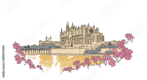 Cathedral and floral view: architectural landmark with spring blooms by the water