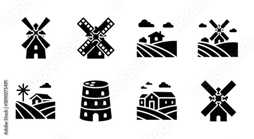 Silhouette farm scenes with windmills and houses
