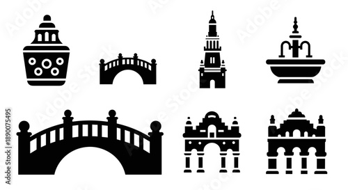 Silhouette icons of historic monuments and bridges