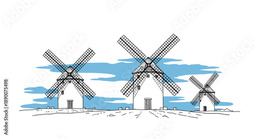 Charming landscape with traditional windmills against blue sky