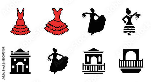 Spanish flamenco dance and architecture icon set with traditional dresses