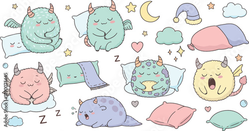 Cute sleepy monster vector set with pastel creatures, pillows, blankets, clouds, moons, and adorable bedtime cartoon characters for kids
