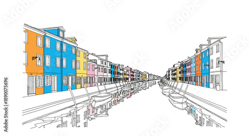 Colorful linear cityscape with boats along a canal