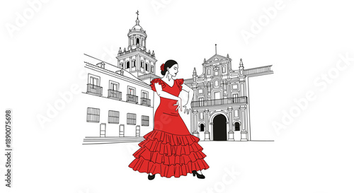 Flamenco dancer in vibrant red dress posing in front of historic spanish architecture