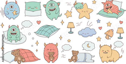 Cute sleepy monster vector set with pastel creatures, pillows, blankets, stars, clouds, lamps, and adorable bedtime cartoon characters for kids