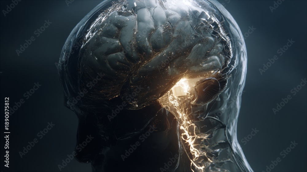 Naklejka premium Transparent human head showing brain and nervous system