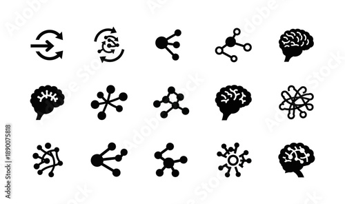 Collection of black and white icons representing connections, networks, and the human brain, symbolizing technology and cognition