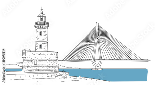 Lighthouse and suspension bridge in minimalistic linear coastal landscape art