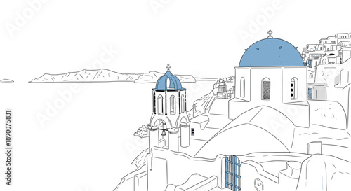 Minimalist line art of santorini architecture with blue domes and sea view