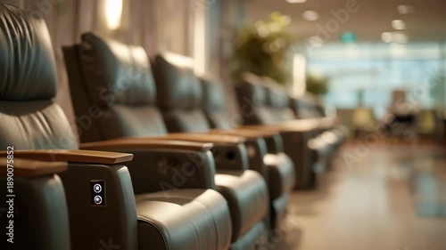 Wallpaper Mural Medium shot capturing a linear row of recliners with illuminated call buttons in clear view while the waiting area behind remains softly blurred. Torontodigital.ca