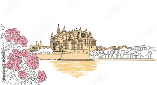 Linear cityscape with cathedral and flowers by waterfront