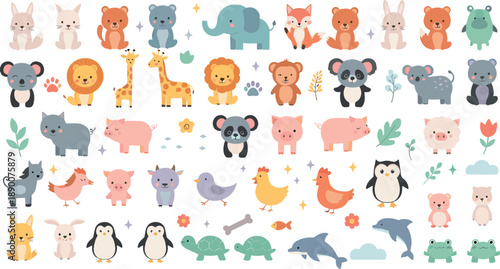 Cute baby animals vector set with lion, elephant, giraffe, bear, pig, penguin, turtle, dolphin, and adorable cartoon wildlife characters