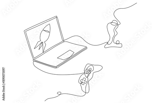 Minimal continuous one line illustration of a laptop with rocket launch and game controller, representing startup, gaming, competition, creativity, technology, and digital innovation. Editable stroke.