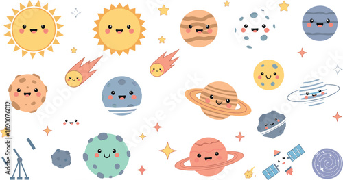 Cute kawaii space vector set with smiling planets, sun, moon, comets, satellites, stars, and adorable cartoon cosmic characters for kids