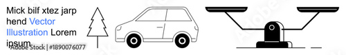 Environmental awareness, transportation, law and justice, eco-balance, sustainability, weighing options. A car, tree and mechanical scales. Environmental awareness and transportation concept