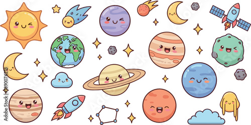 Cute kawaii space vector set with smiling planets, sun, moon, Earth, rockets, comets, stars, and adorable cartoon cosmic characters
