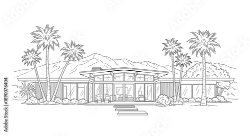 Modern mid-century house line art with palm trees