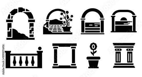 Silhouette arches and columns with potted plant elements