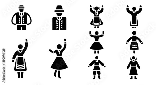 Traditional folk dance icons in simple black silhouette style
