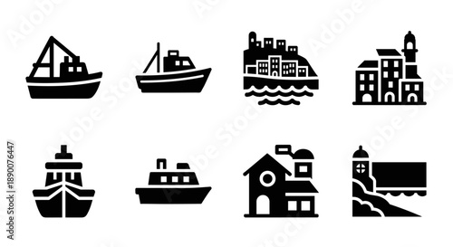 Set of nautical and coastal silhouette icons featuring boats and seaside buildings