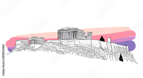 Linear outline of acropolis with pastel background highlighting ancient architecture