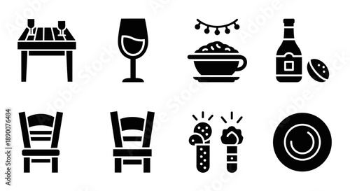 Silhouette icons of dining essentials: wine, food, chairs, and celebration items