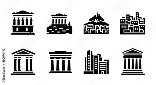 Icon set featuring ancient and modern architecture styles