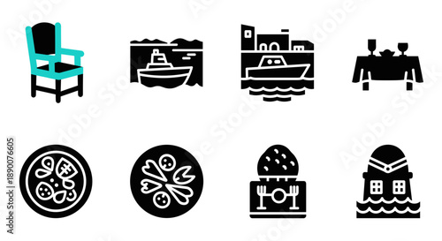 Dining and travel icons: boats, food, and seating in minimalist design