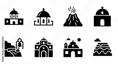 Minimalist island architecture and scenic elements in black icons