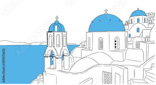 Minimalist linear art of iconic santorini architecture with blue domes and aegean sea