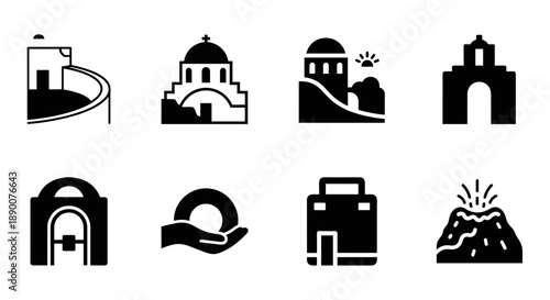Minimalist black and white icons of mediterranean architecture and landmarks
