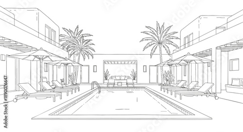 Modern poolside courtyard with lounge chairs and palm trees in linear style