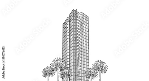 Skyscraper with palm trees in linear design for urban architecture projects