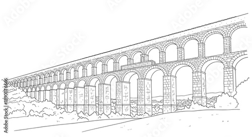 Hand drawn ancient roman aqueduct with arches and nature scenery