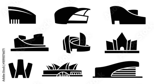 Modern architectural silhouettes collection: iconic building designs in black and white