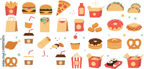 Cute fast food vector set with burgers, fries, tacos, donuts, coffee, desserts, popcorn, and colorful cartoon snack illustrations