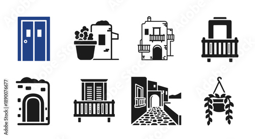 Minimalist greek architecture icons: doors, balconies, pots, windows