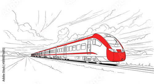 Modern red and white passenger train on track with scenic sky background