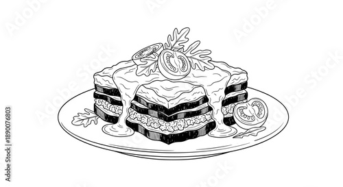 Delicious layered lasagna with toppings in black and white linear style